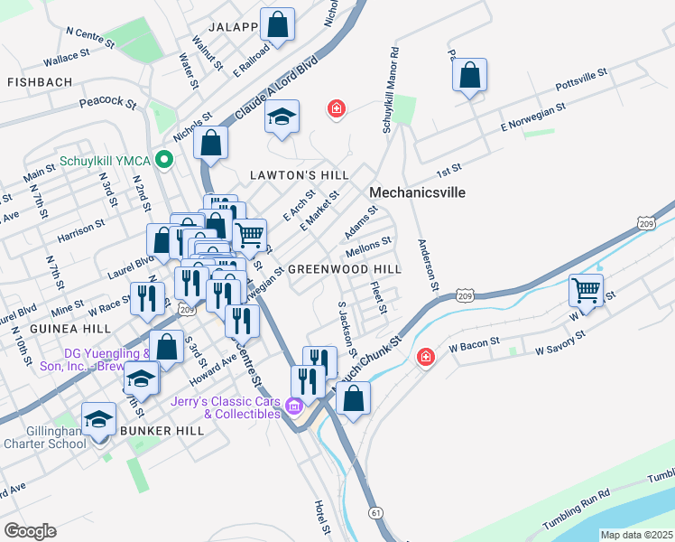 map of restaurants, bars, coffee shops, grocery stores, and more near 102 South Jackson Street in Pottsville