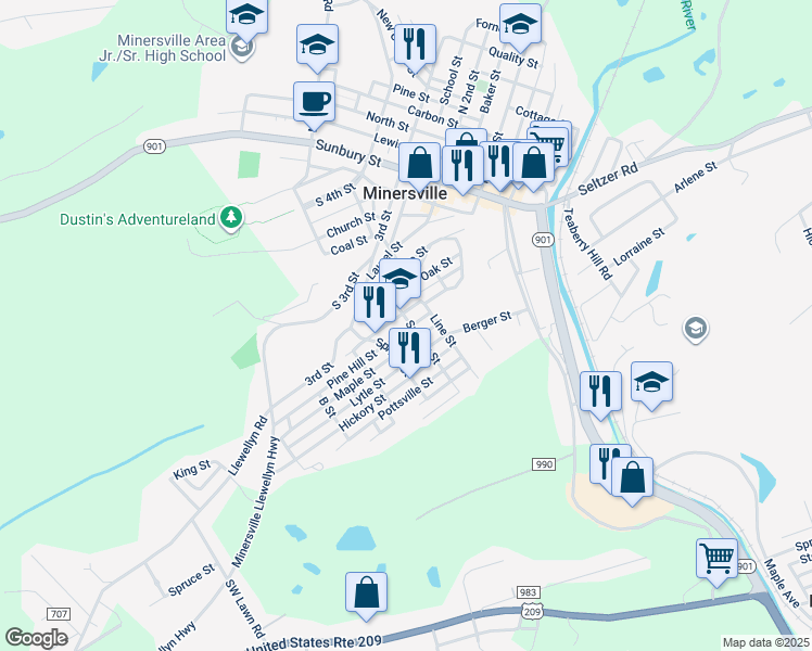 map of restaurants, bars, coffee shops, grocery stores, and more near 400 Lytle Street in Minersville