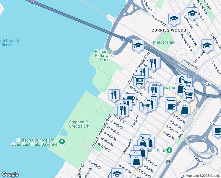 map of restaurants, bars, coffee shops, grocery stores, and more near 4 Hudson Court in Bayonne