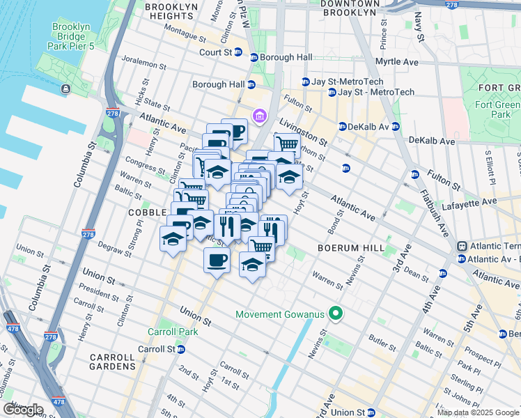 map of restaurants, bars, coffee shops, grocery stores, and more near 83 Wyckoff Street in Brooklyn