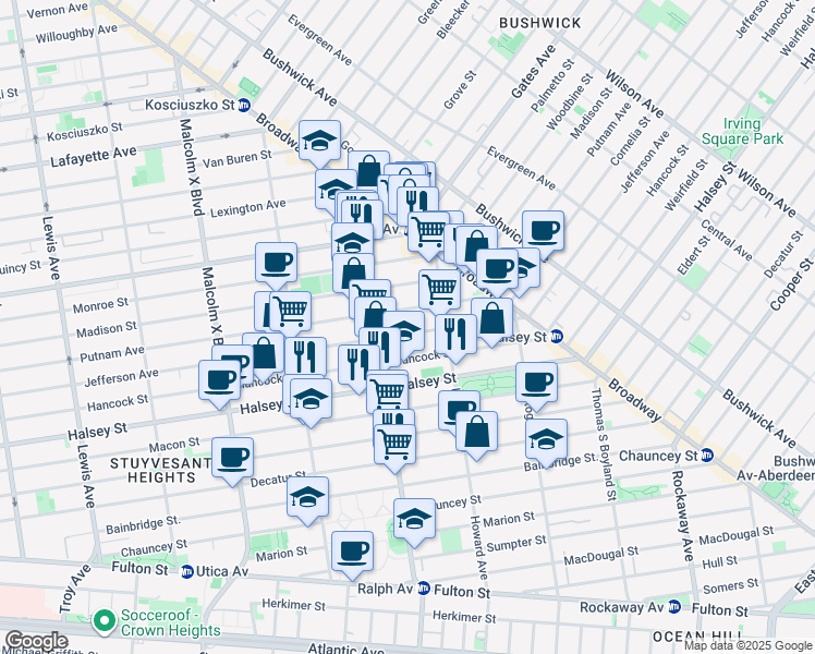 map of restaurants, bars, coffee shops, grocery stores, and more near 119 Ralph Avenue in Brooklyn