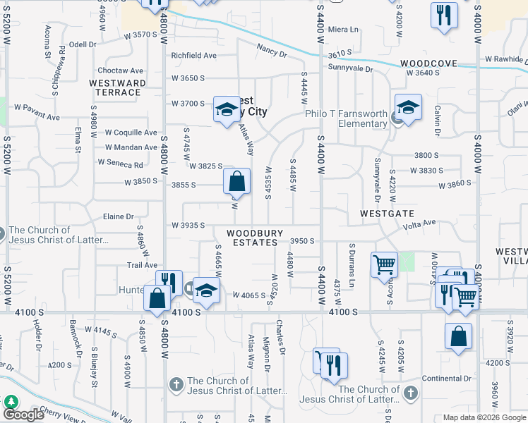 map of restaurants, bars, coffee shops, grocery stores, and more near 3914 South 4535 West in West Valley City