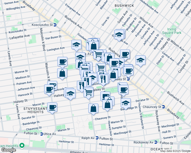 map of restaurants, bars, coffee shops, grocery stores, and more near 921 Jefferson Avenue in Brooklyn