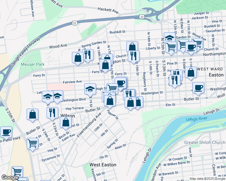 map of restaurants, bars, coffee shops, grocery stores, and more near 211 South 17th Street in Easton