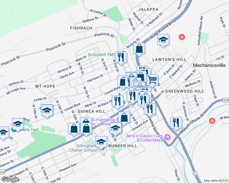 map of restaurants, bars, coffee shops, grocery stores, and more near 313-315 Laurel Boulevard in Pottsville