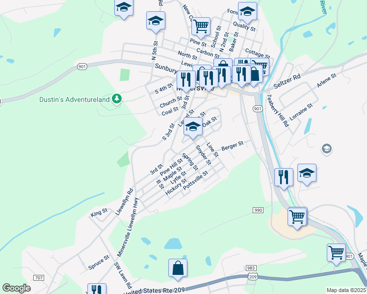 map of restaurants, bars, coffee shops, grocery stores, and more near 430 Heffner Street in Minersville