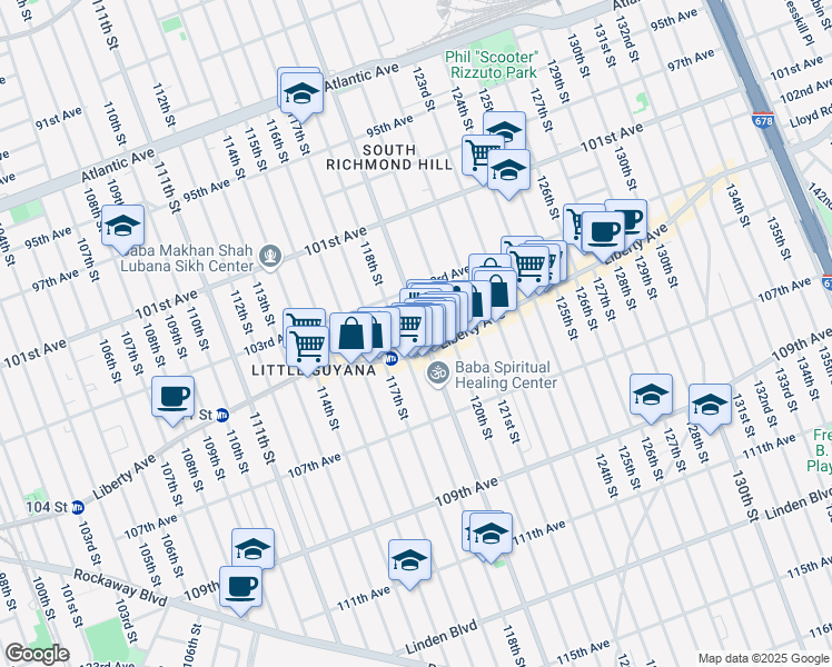 map of restaurants, bars, coffee shops, grocery stores, and more near 10413 Lefferts Boulevard in Queens