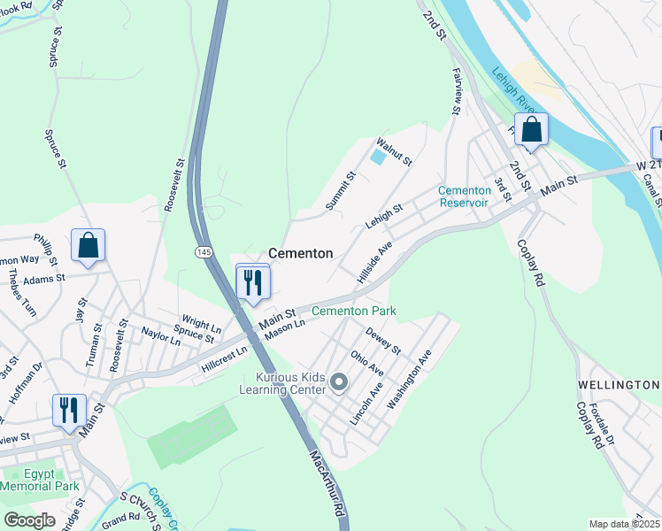 map of restaurants, bars, coffee shops, grocery stores, and more near 5561 Lehigh Street in Whitehall