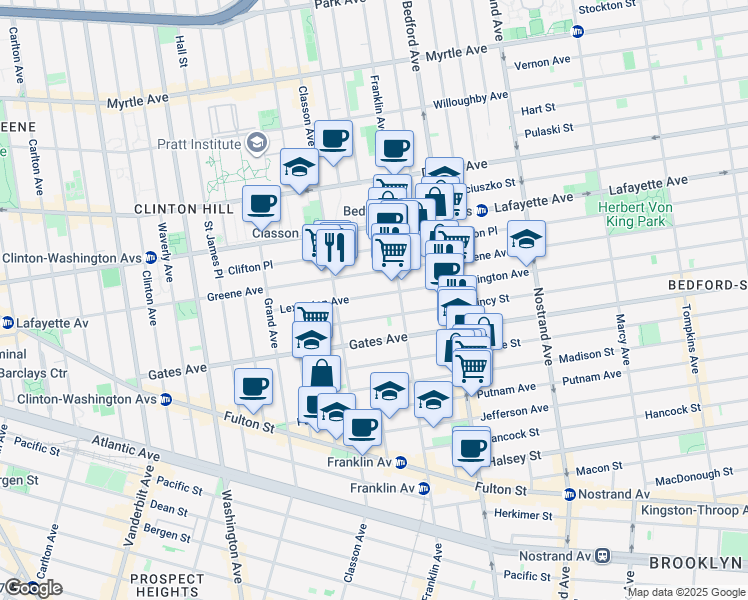 map of restaurants, bars, coffee shops, grocery stores, and more near 94 Quincy Street in Brooklyn
