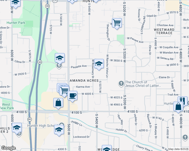 map of restaurants, bars, coffee shops, grocery stores, and more near 3909 West Rosemary Street in West Valley City