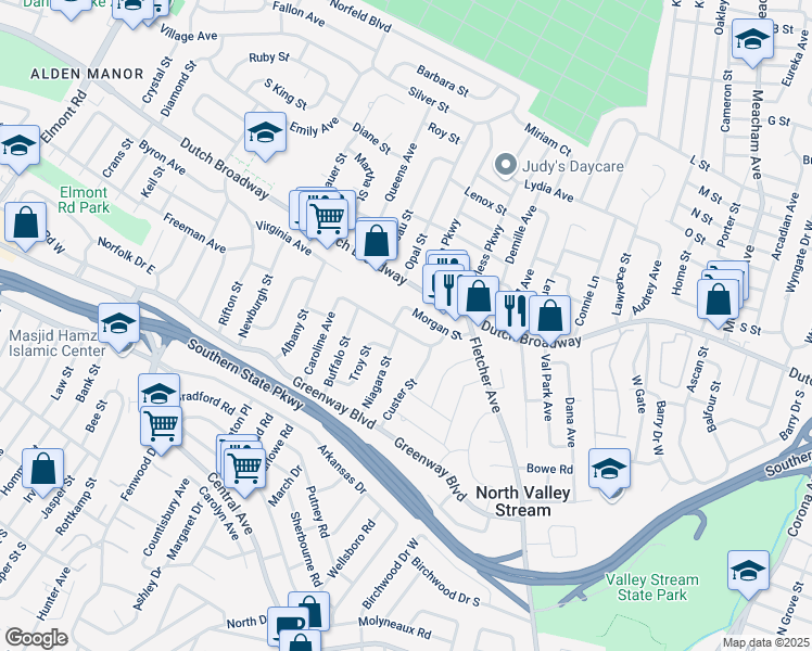 map of restaurants, bars, coffee shops, grocery stores, and more near 859 Niagara Street in Elmont