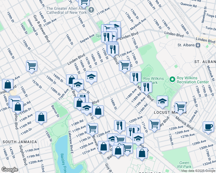 map of restaurants, bars, coffee shops, grocery stores, and more near 116-46 168th Street in Queens