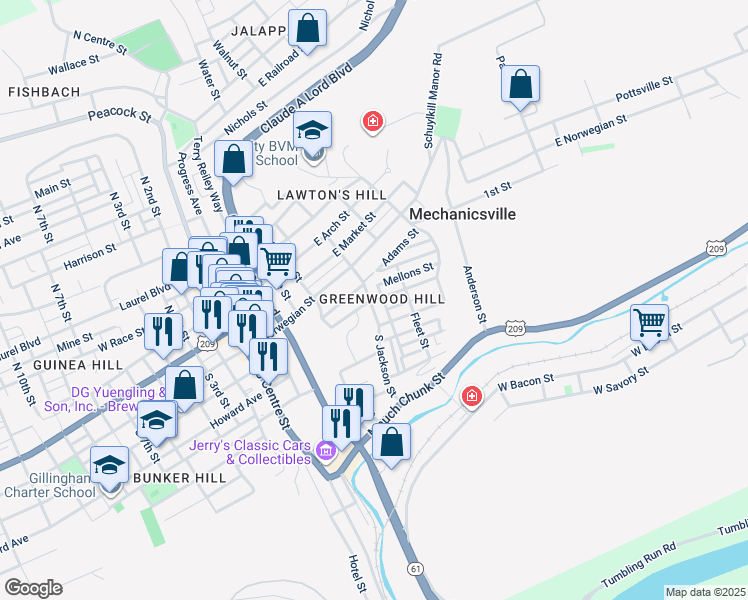 map of restaurants, bars, coffee shops, grocery stores, and more near 100 South Jackson Street in Pottsville