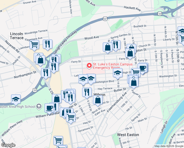 map of restaurants, bars, coffee shops, grocery stores, and more near 2107 Lehigh Street in Easton