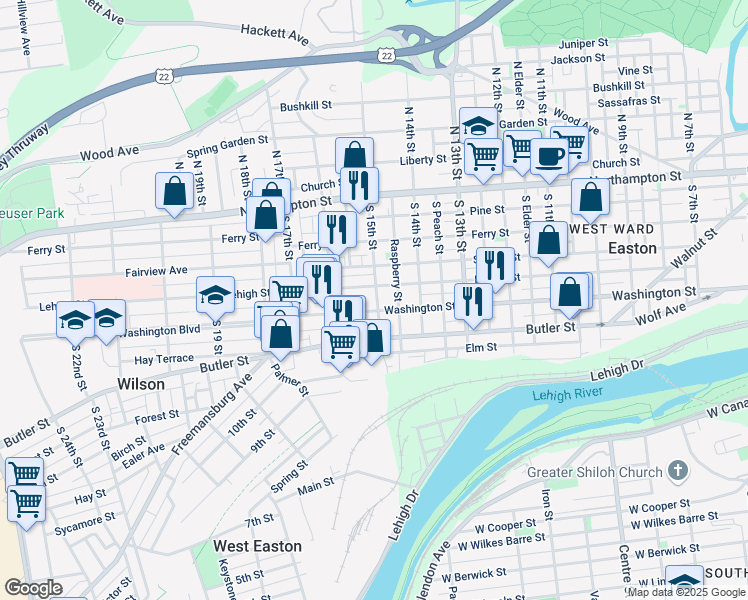 map of restaurants, bars, coffee shops, grocery stores, and more near 1501 Washington Street in Easton