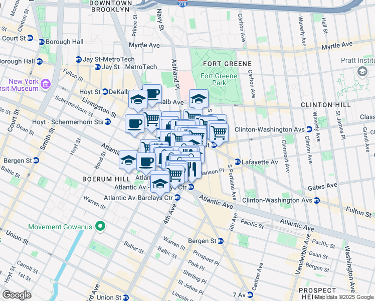 map of restaurants, bars, coffee shops, grocery stores, and more near 20 Lafayette Avenue in Brooklyn
