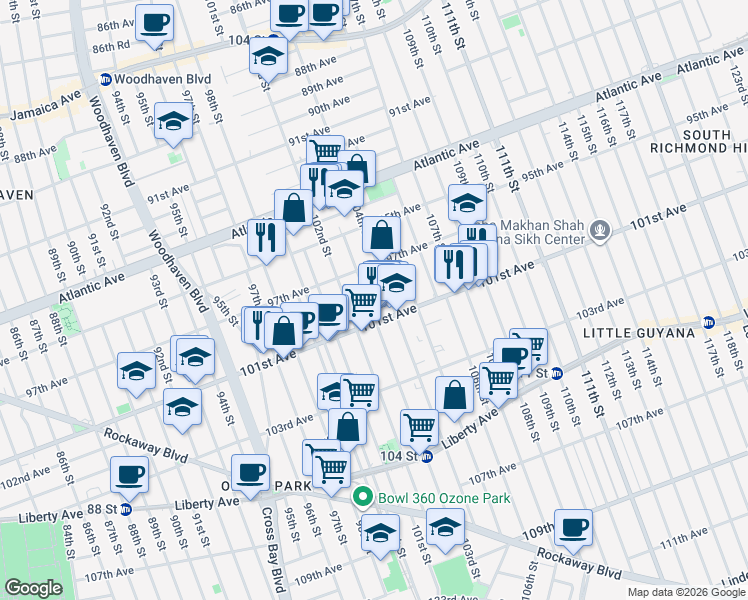 map of restaurants, bars, coffee shops, grocery stores, and more near 102-7 101st Avenue in Queens