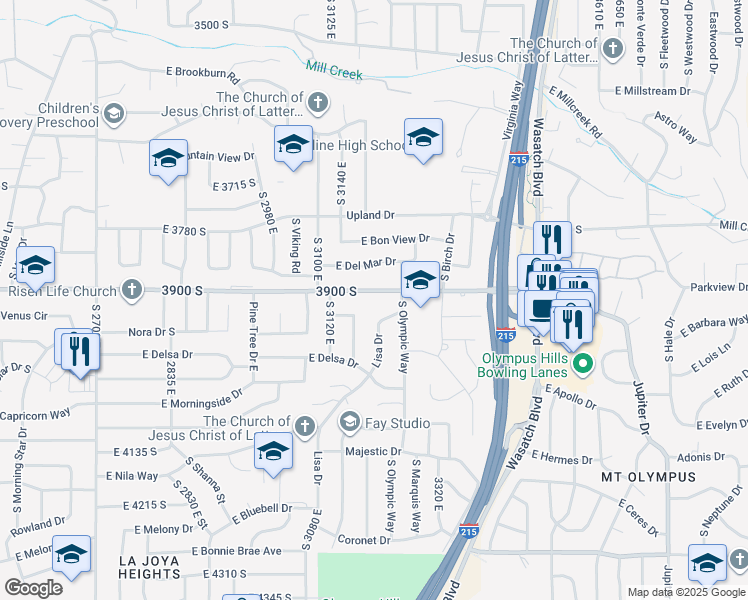 map of restaurants, bars, coffee shops, grocery stores, and more near 3200 East 3900 South in Salt Lake City