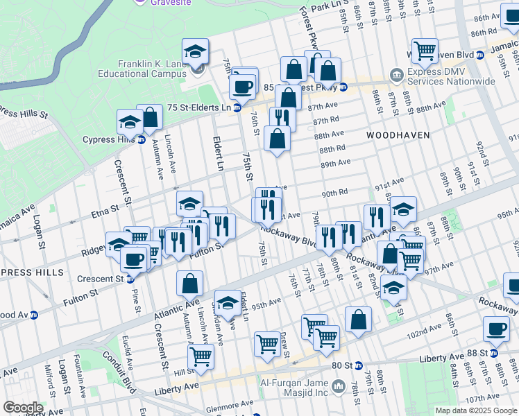 map of restaurants, bars, coffee shops, grocery stores, and more near 90-25 75th Street in Queens