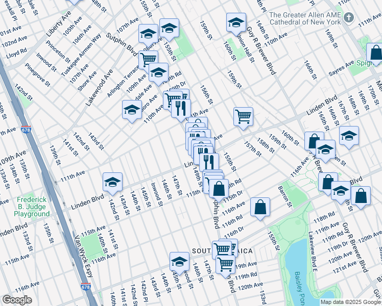 map of restaurants, bars, coffee shops, grocery stores, and more near 114-10 Sutphin Boulevard in Queens