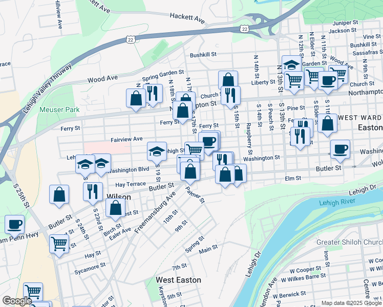 map of restaurants, bars, coffee shops, grocery stores, and more near 1706 Lehigh Street in Easton