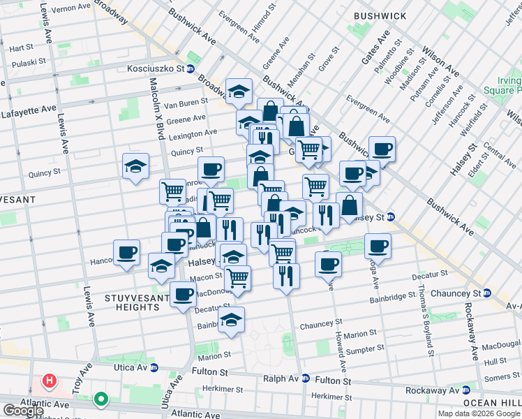 map of restaurants, bars, coffee shops, grocery stores, and more near 822 Jefferson Avenue in Brooklyn