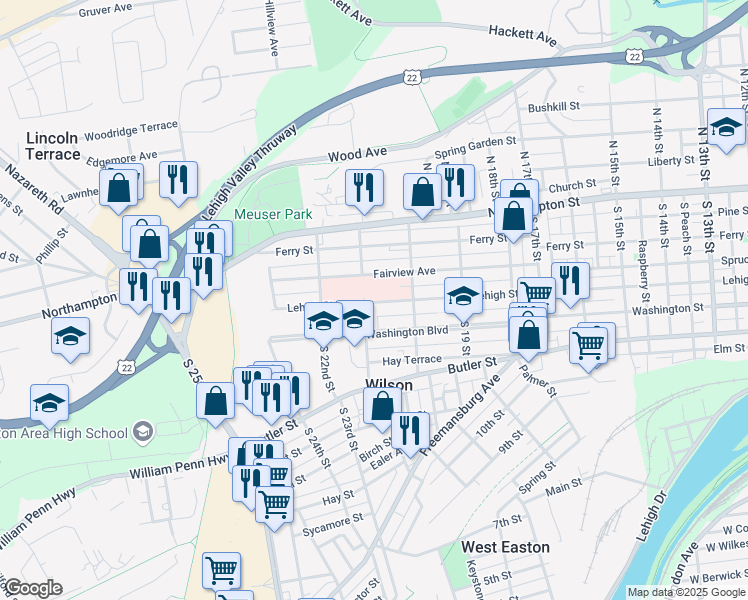 map of restaurants, bars, coffee shops, grocery stores, and more near 2001 Lehigh Street in Easton