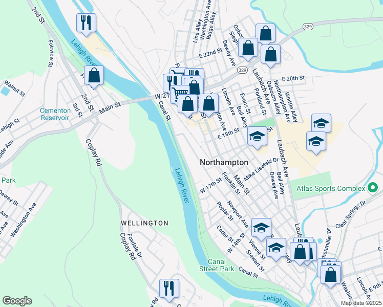 map of restaurants, bars, coffee shops, grocery stores, and more near 1796 Newport Avenue in Northampton