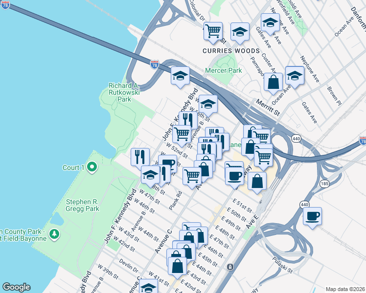 map of restaurants, bars, coffee shops, grocery stores, and more near 108 1/2 West 52nd Street in Bayonne