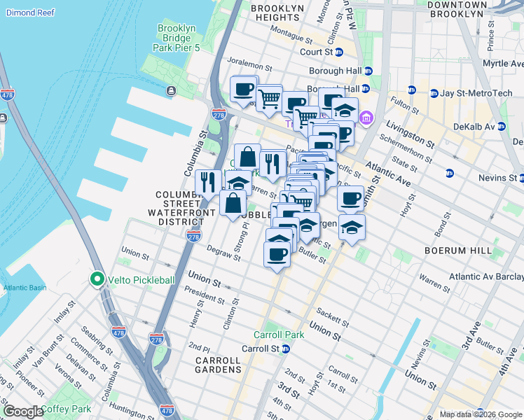 map of restaurants, bars, coffee shops, grocery stores, and more near 198 Warren Street in Brooklyn