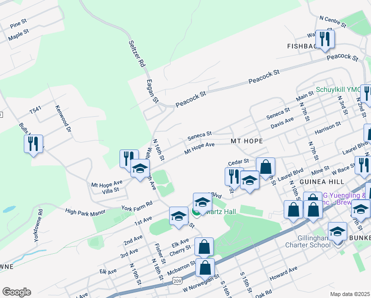 map of restaurants, bars, coffee shops, grocery stores, and more near 1500 Mount Hope Avenue in Pottsville