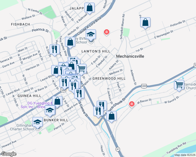map of restaurants, bars, coffee shops, grocery stores, and more near 436 East Norwegian Street in Pottsville
