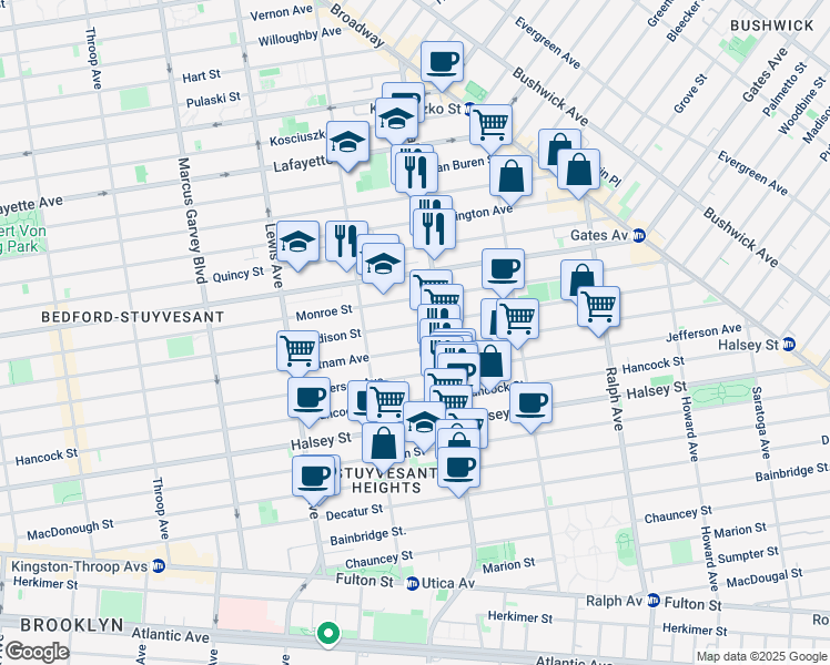 map of restaurants, bars, coffee shops, grocery stores, and more near 656 Monroe Street in Brooklyn
