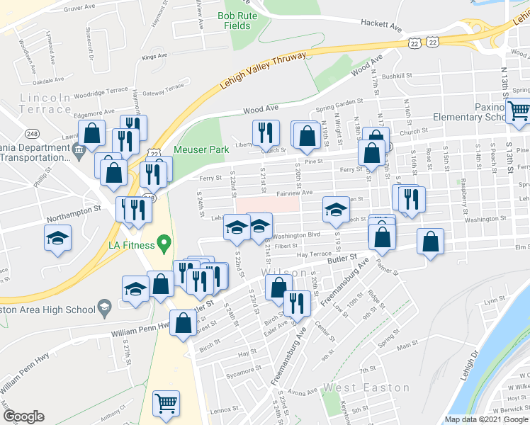 map of restaurants, bars, coffee shops, grocery stores, and more near 126 South 21st Street in Easton