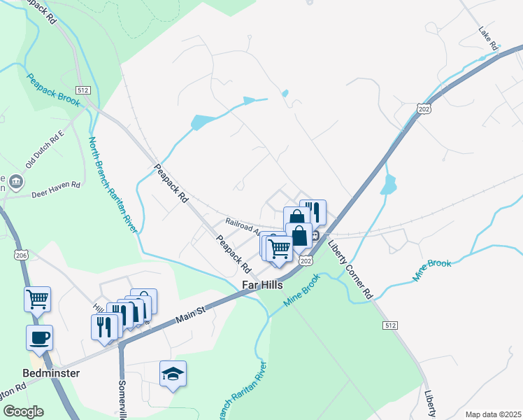 map of restaurants, bars, coffee shops, grocery stores, and more near 25 Hurlingham Club Road in Far Hills