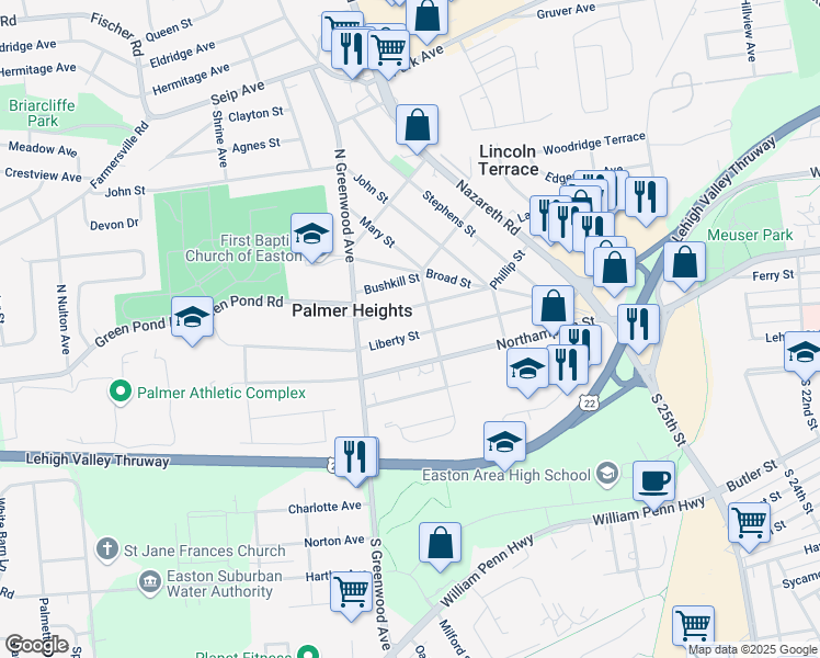 map of restaurants, bars, coffee shops, grocery stores, and more near 2700 Spring Garden Street in Easton