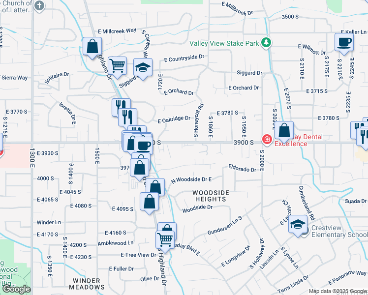 map of restaurants, bars, coffee shops, grocery stores, and more near 1818 East 3900 South in Holladay