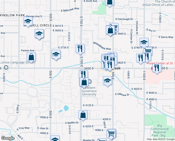 map of restaurants, bars, coffee shops, grocery stores, and more near in Millcreek
