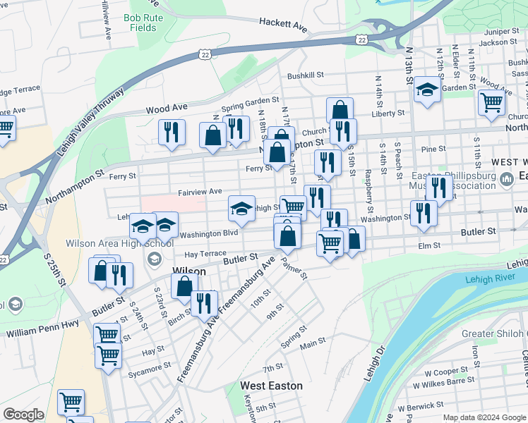 map of restaurants, bars, coffee shops, grocery stores, and more near 1818 Lehigh Street in Easton