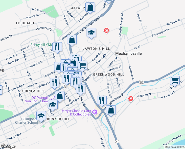 map of restaurants, bars, coffee shops, grocery stores, and more near 411 East Norwegian Street in Pottsville