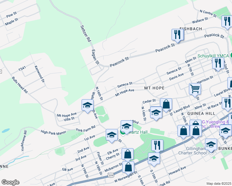 map of restaurants, bars, coffee shops, grocery stores, and more near 1500 Mount Hope Avenue in Pottsville