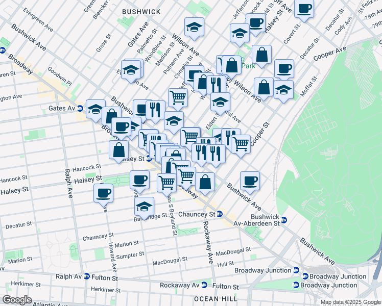 map of restaurants, bars, coffee shops, grocery stores, and more near 1293 Bushwick Avenue in Brooklyn
