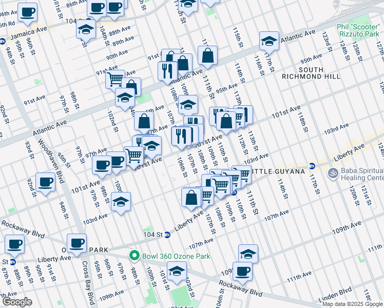 map of restaurants, bars, coffee shops, grocery stores, and more near 101-11 107th Street in Queens