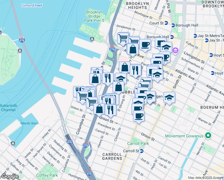 map of restaurants, bars, coffee shops, grocery stores, and more near 132 Kane Street in Brooklyn