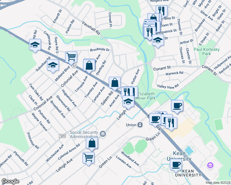 map of restaurants, bars, coffee shops, grocery stores, and more near 1313 Morris Avenue in Union
