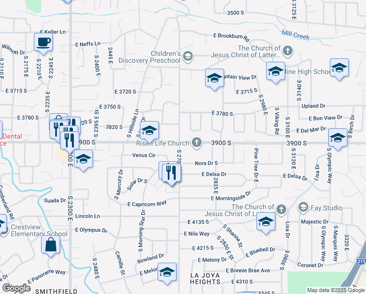 map of restaurants, bars, coffee shops, grocery stores, and more near 2728 East 3900 South in Holladay