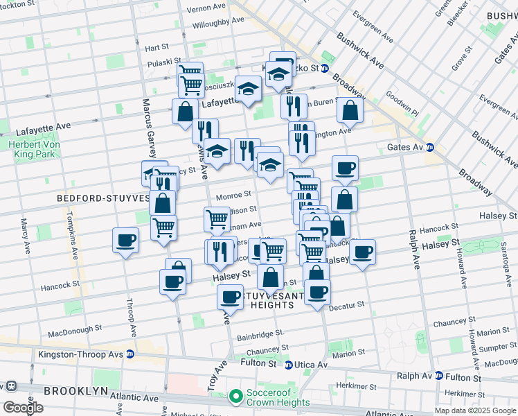 map of restaurants, bars, coffee shops, grocery stores, and more near Madison St & Stuyvesant Ave in Brooklyn