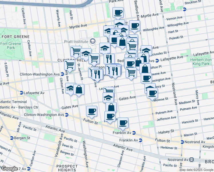 map of restaurants, bars, coffee shops, grocery stores, and more near 281 Greene Avenue in Brooklyn