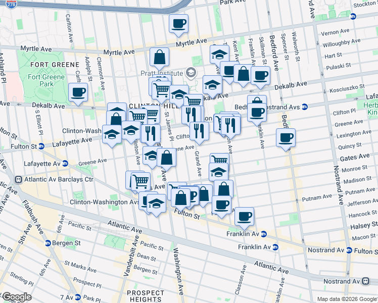 map of restaurants, bars, coffee shops, grocery stores, and more near 5 Cambridge Place in Brooklyn