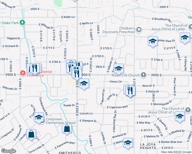 map of restaurants, bars, coffee shops, grocery stores, and more near 3916 Olympus Orchards Lane in Holladay
